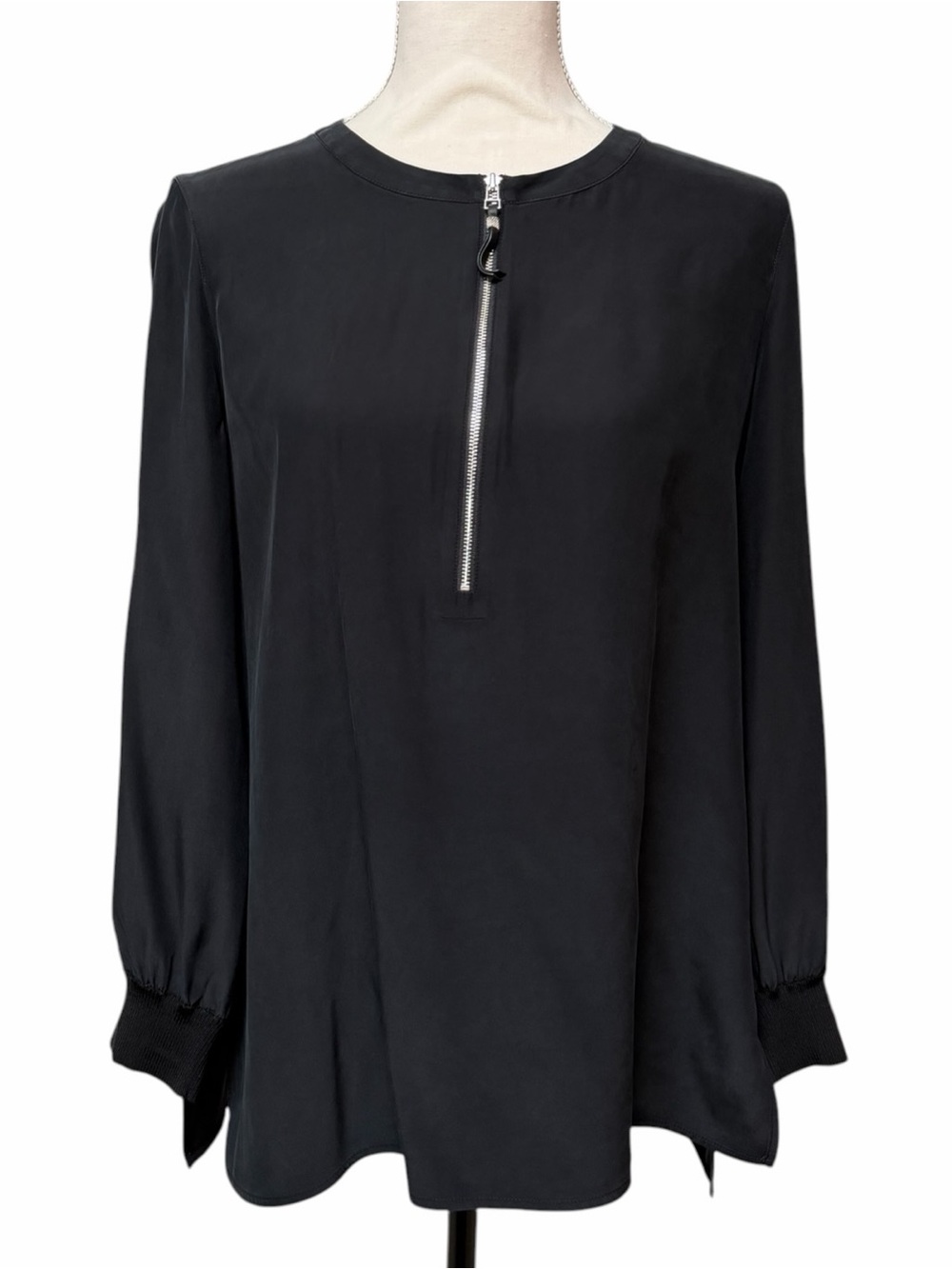 Lafayette 148 Black 100% Silk Half Zip Tunic Blouse Ribbed Cuffs M